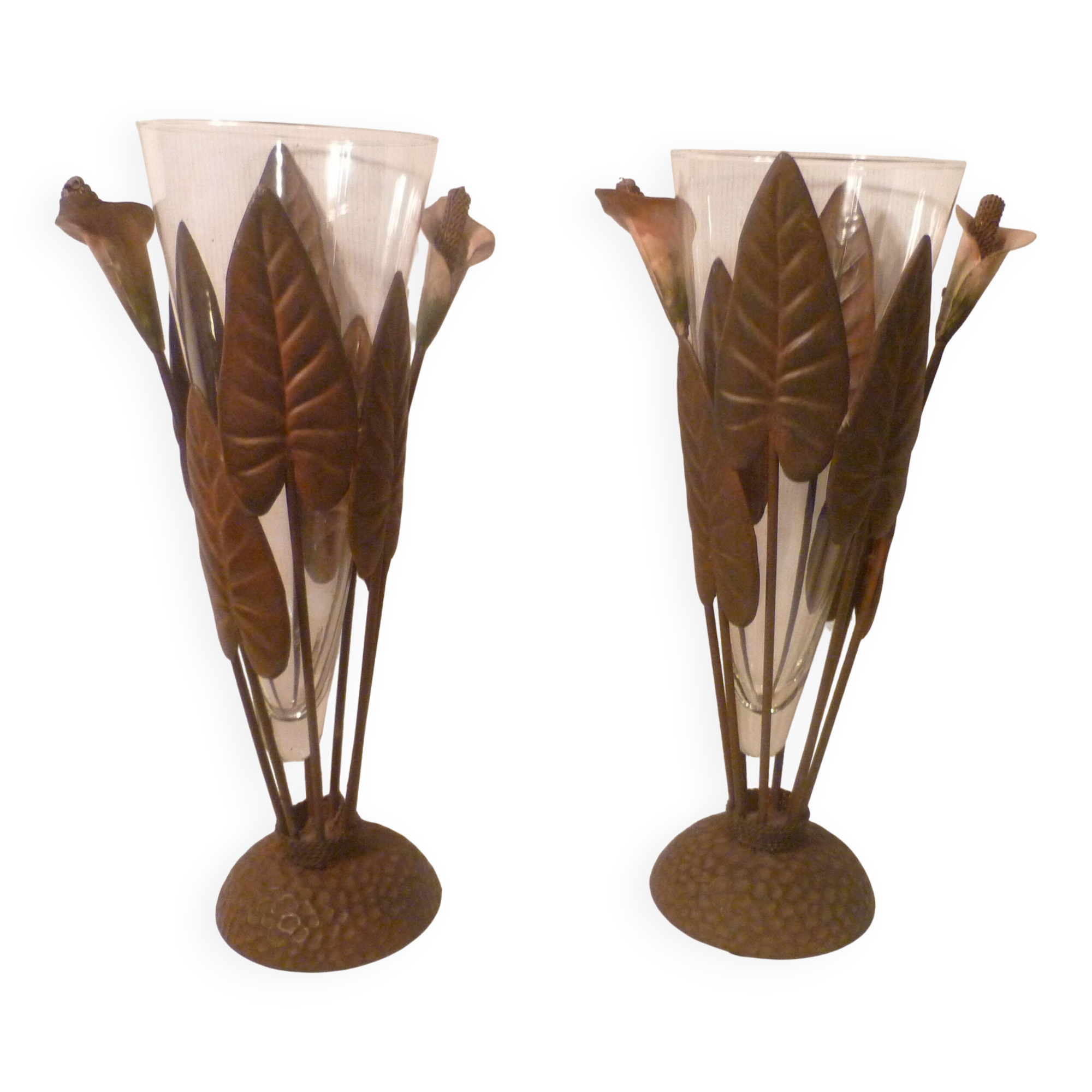 Paire vases  coupes verre souffle & monture fer forge "arum" vintage