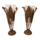 Paire vases  coupes verre souffle & monture fer forge "arum" vintage