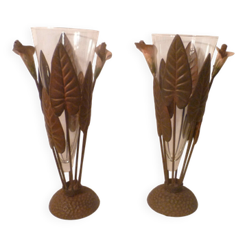 Pair of vases glass blown cups & wrought iron frame "calla" vintage