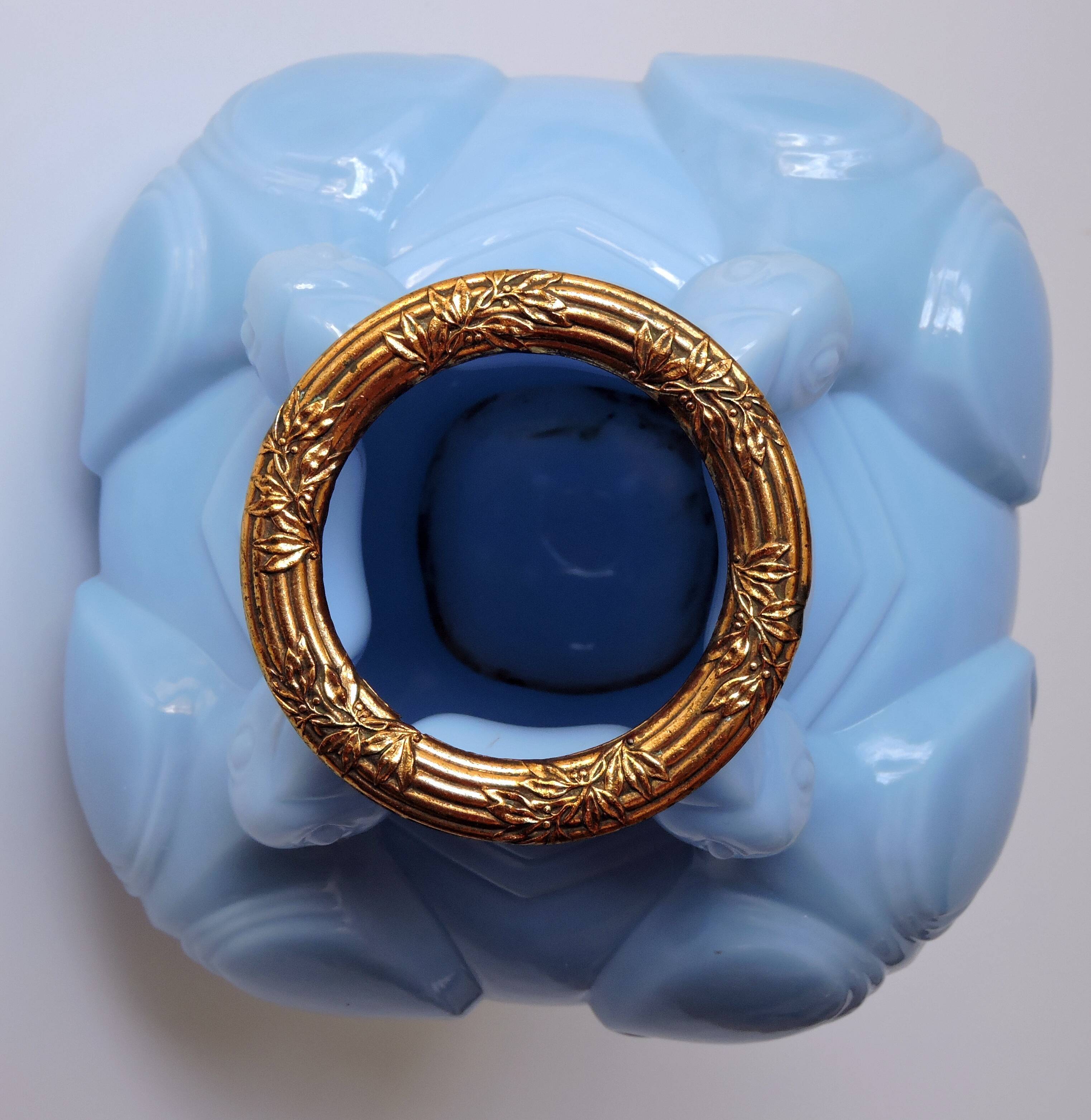 Art Deco vase in molded and pressed opaline. Stamped CLA France décor of Birds