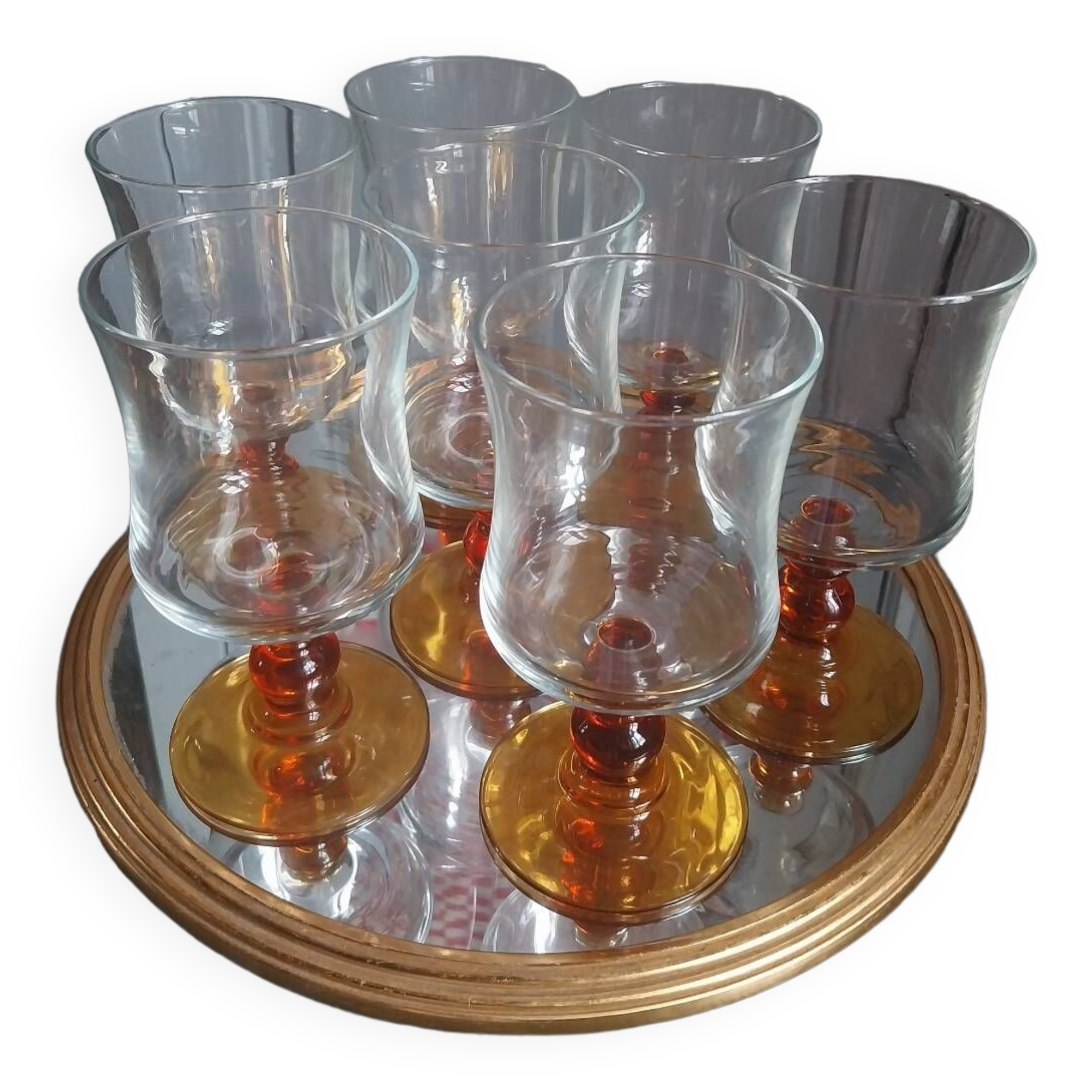 7 vintage amber stemmed glasses