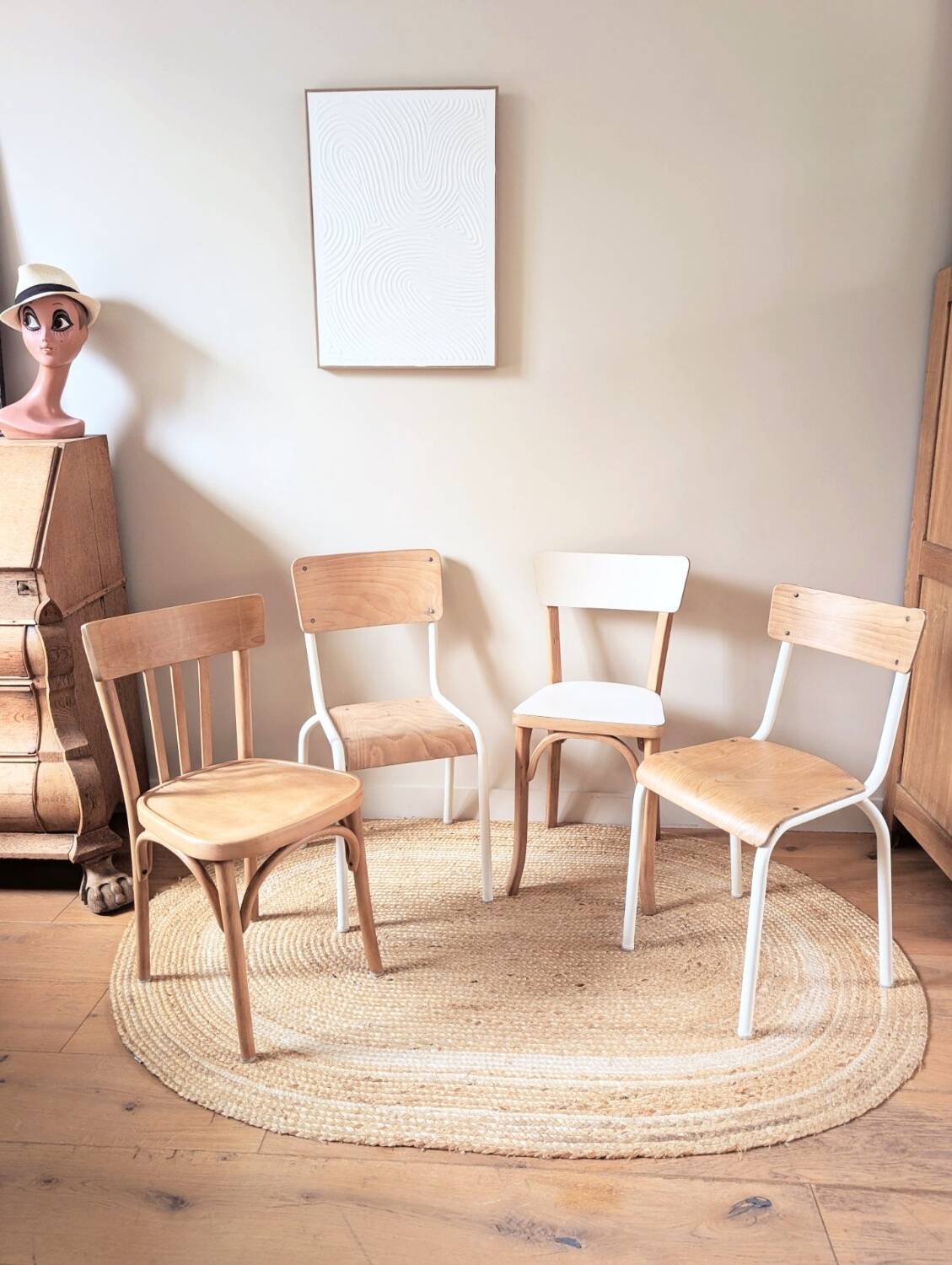 Set of 4 reimagined and mismatched vintage chairs