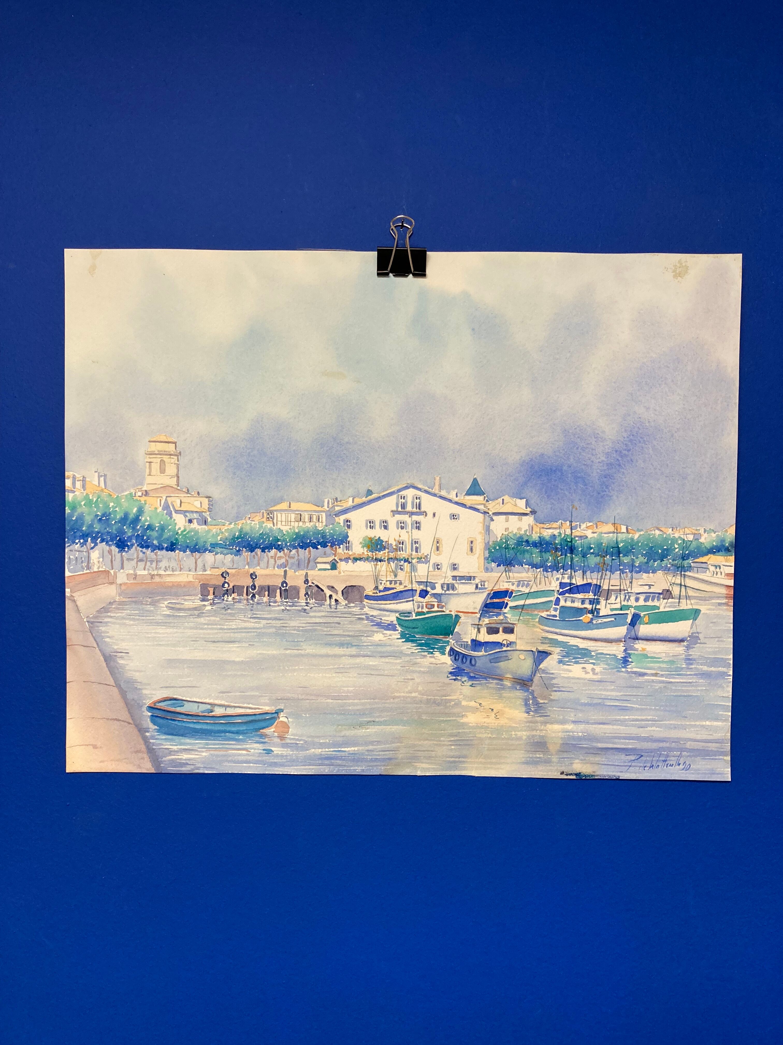 Aquarelle Marine Vintage Port de Saint-Jean-de-Luz