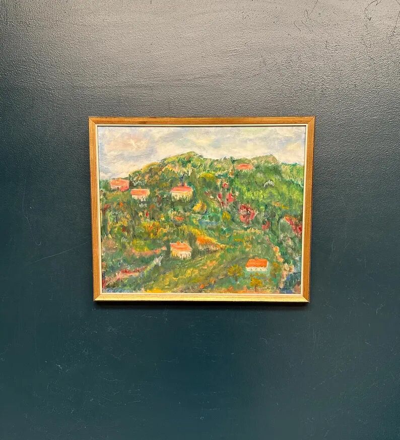 Original Swedish Oil on Canvas – “Hilly Landscape with Houses” by Lalla Blecher – Signed – Vintage & Framed