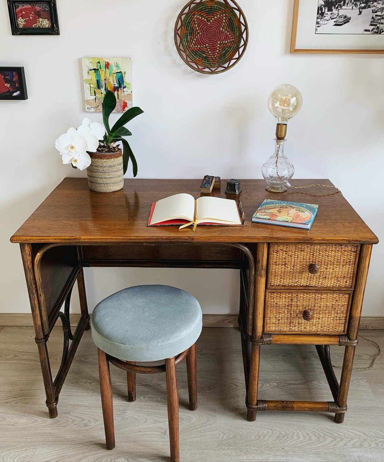 Vintage bamboo and wood rattan desk