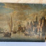 Peinture sur bois ancienne représentant un port