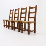Set of 4 French Oak and Rush Ladder Back Dining Chairs 1950s