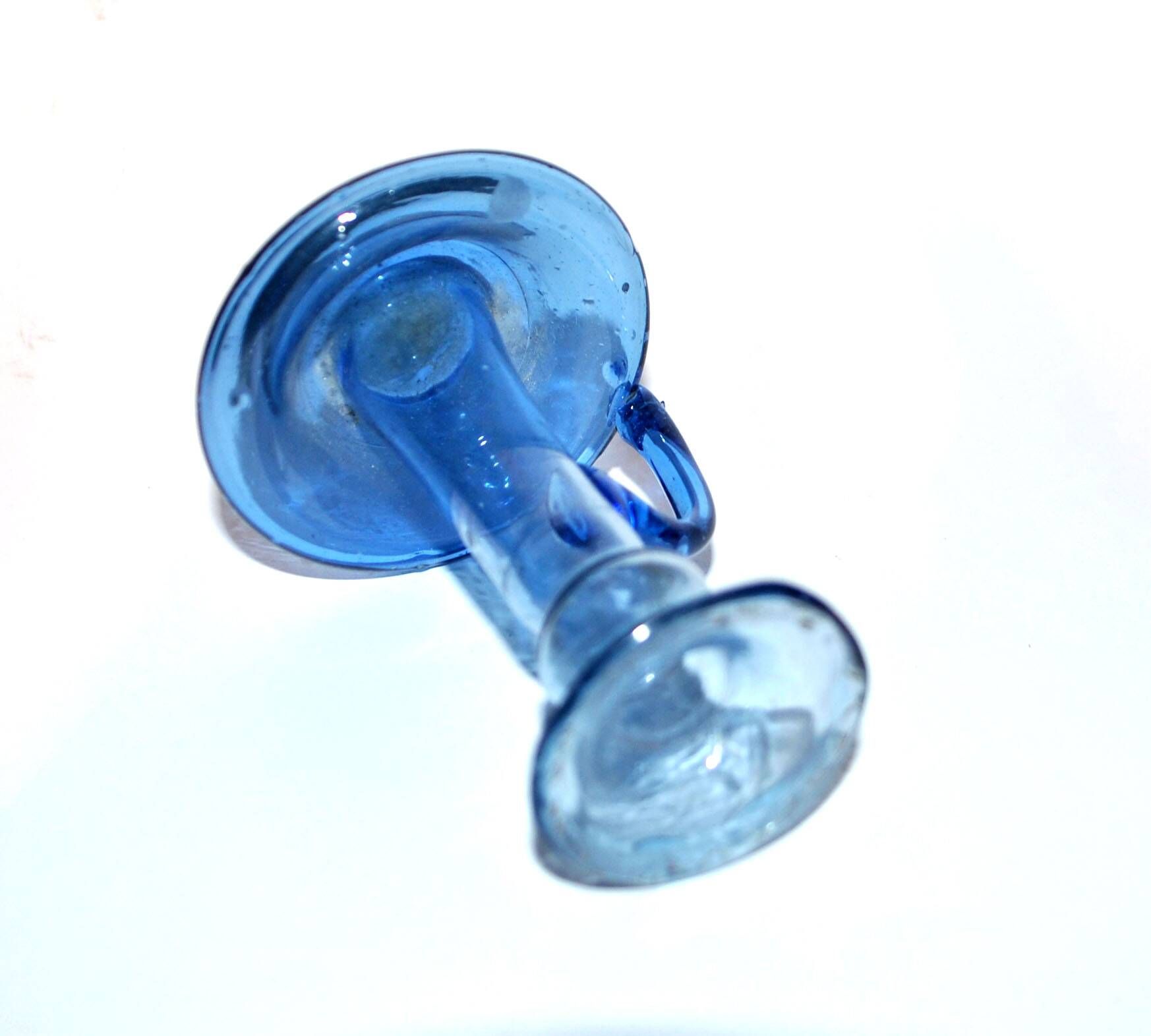 Antique candle holder in blue blown glass ras de cave folk art 19th c.