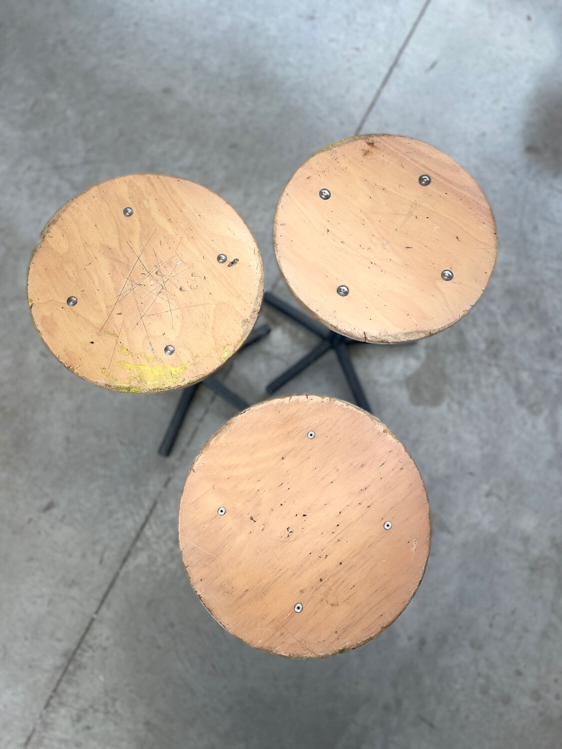 Industrial metal and wood stools with star legs Netherlands 1970s