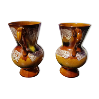 Paire de vase ancien Sarreguemines modèle hawaï céramique multicolore vintage