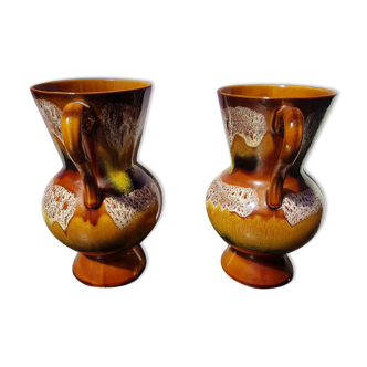 Pair of old Sarreguemines vase Hawaii model vintage multicolor ceramic