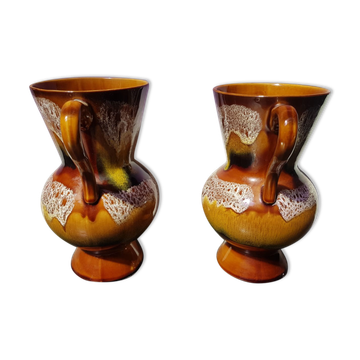 Pair of old Sarreguemines vase Hawaii model vintage multicolor ceramic