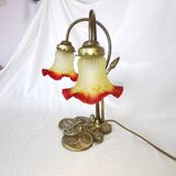 Brass water lily lamp and glass paste tulip, double, art nouveau style.