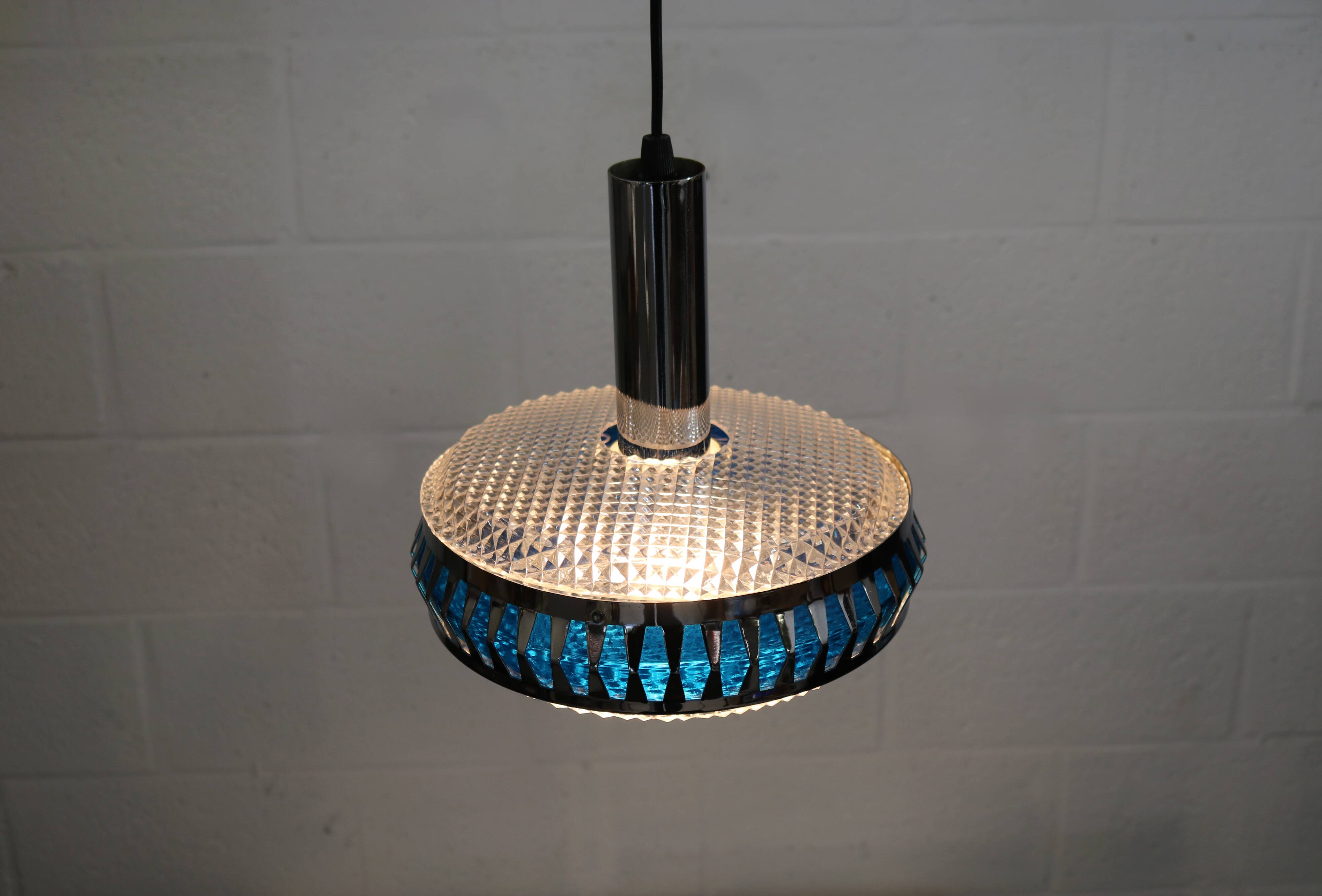 Vintage Chrome & Blue Pendant Lamp - 1970s Massive Belgium Lighting
