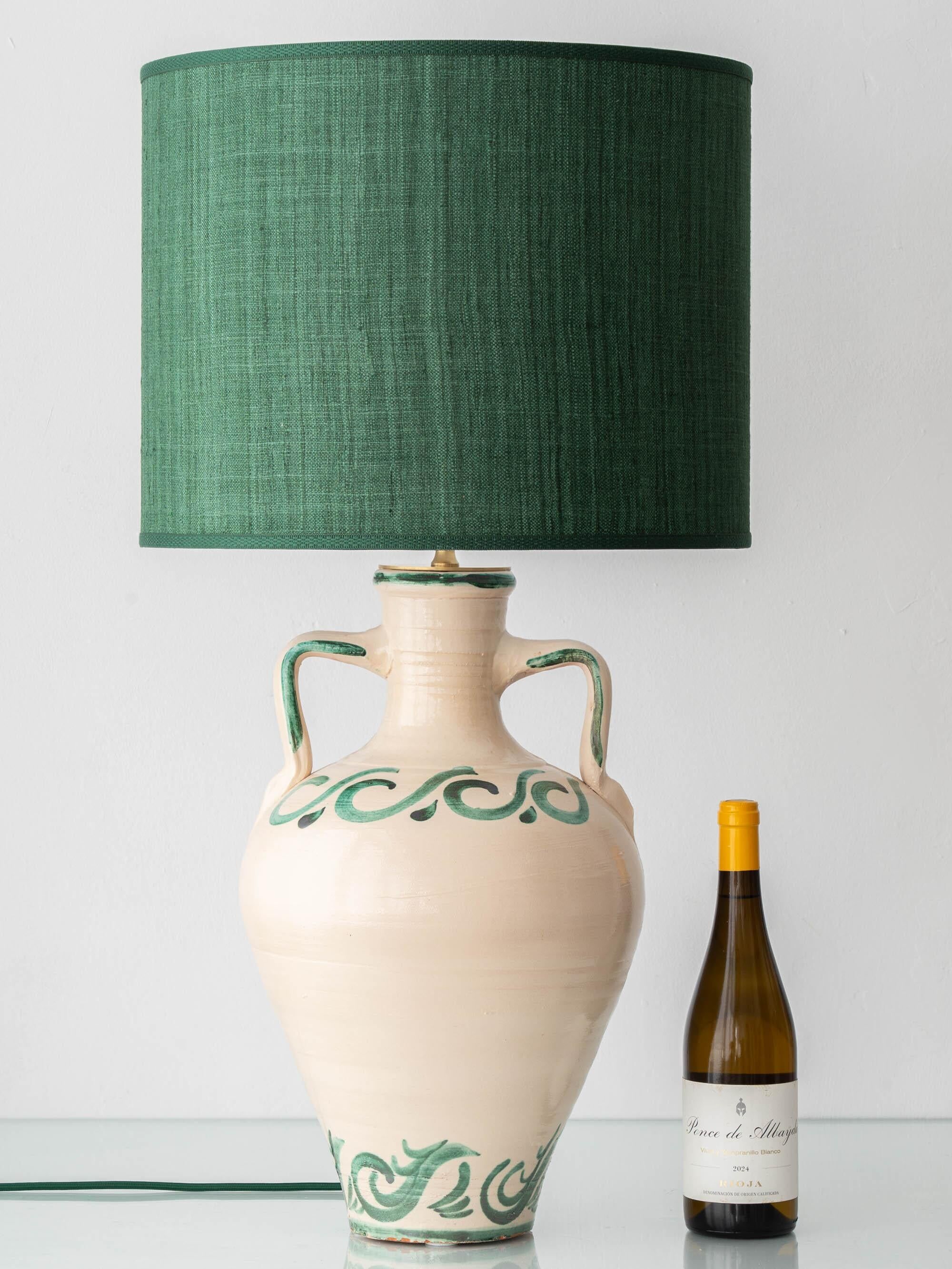 Spanish Revival Ceramic Table Lamp from Granada, New Green Silk Shade