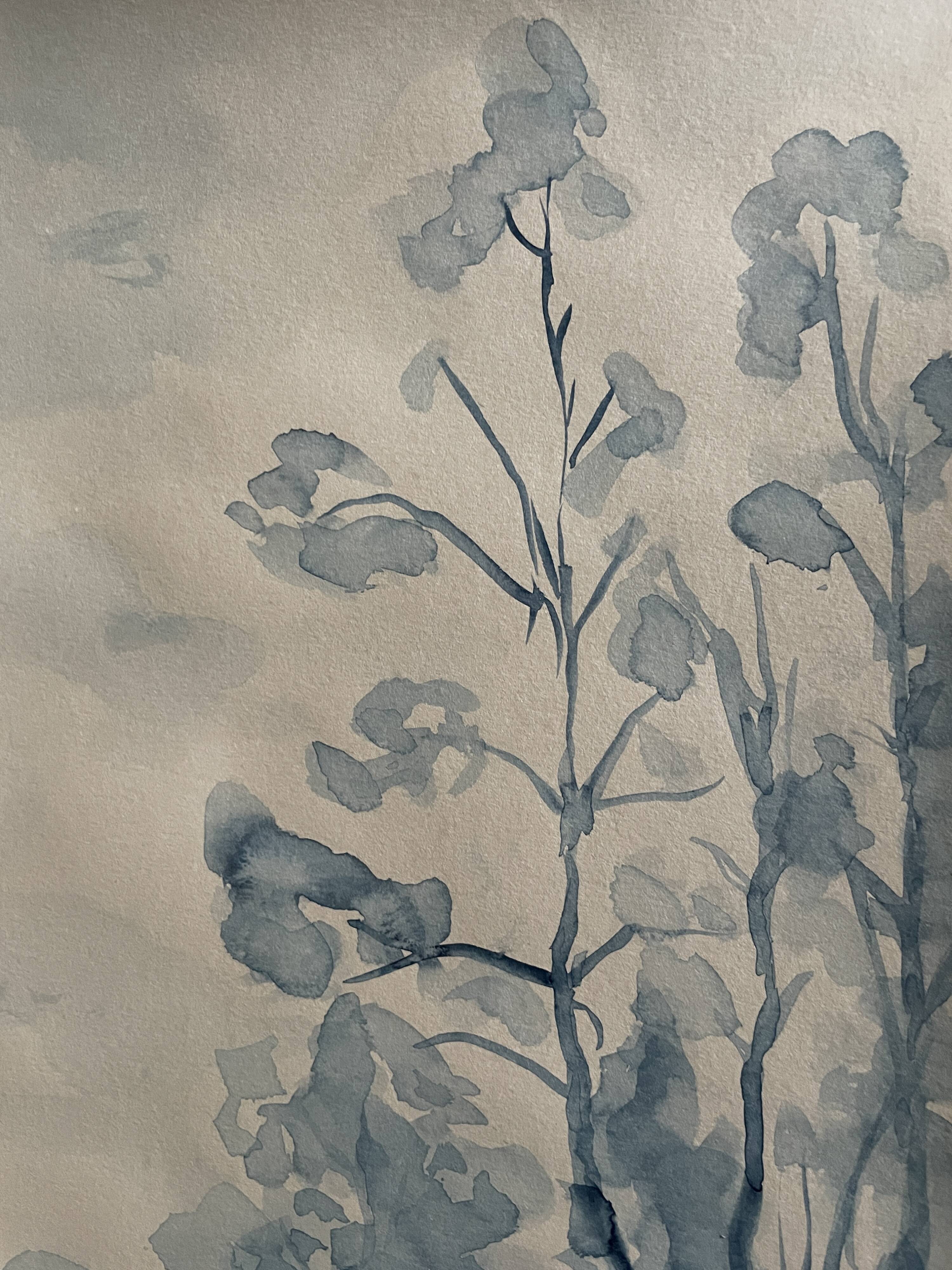 Tableau Aquarelle signé monochrome blue jeans « la forêt bleue »