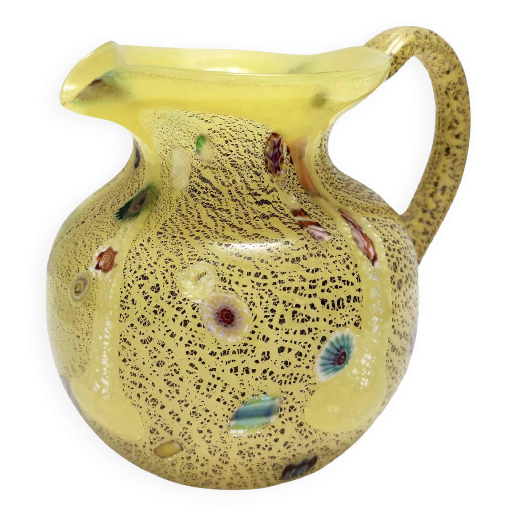 Postmodern Yellow Opaline Hand Blown Glass Jug with Murrines and Silver Flakes