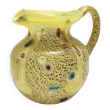 Pichet en verre soufflé à la main en opaline jaune postmoderne avec murrines et paillettes d'argent