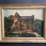 19th century French oil painting, a house and its garden, 1874