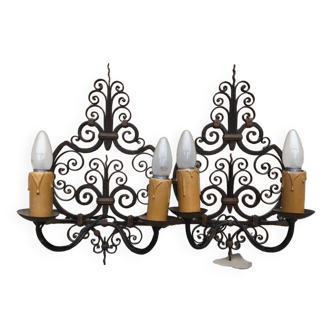 Pair of two-light wrought iron wall lights