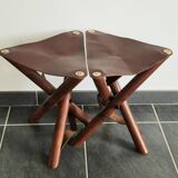 Set of teak and leather tripod stools