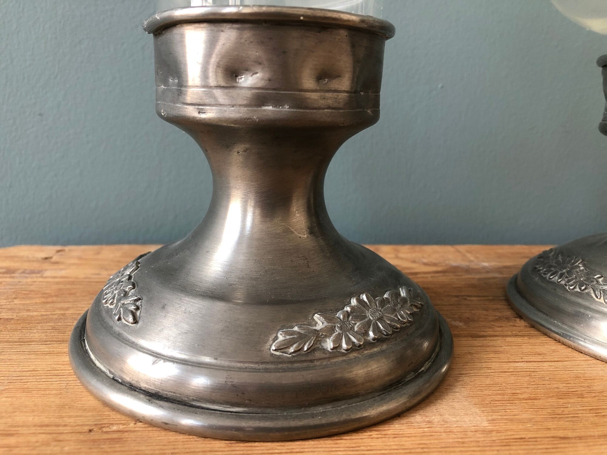 Pair of photophores candlesticks in tin and glass