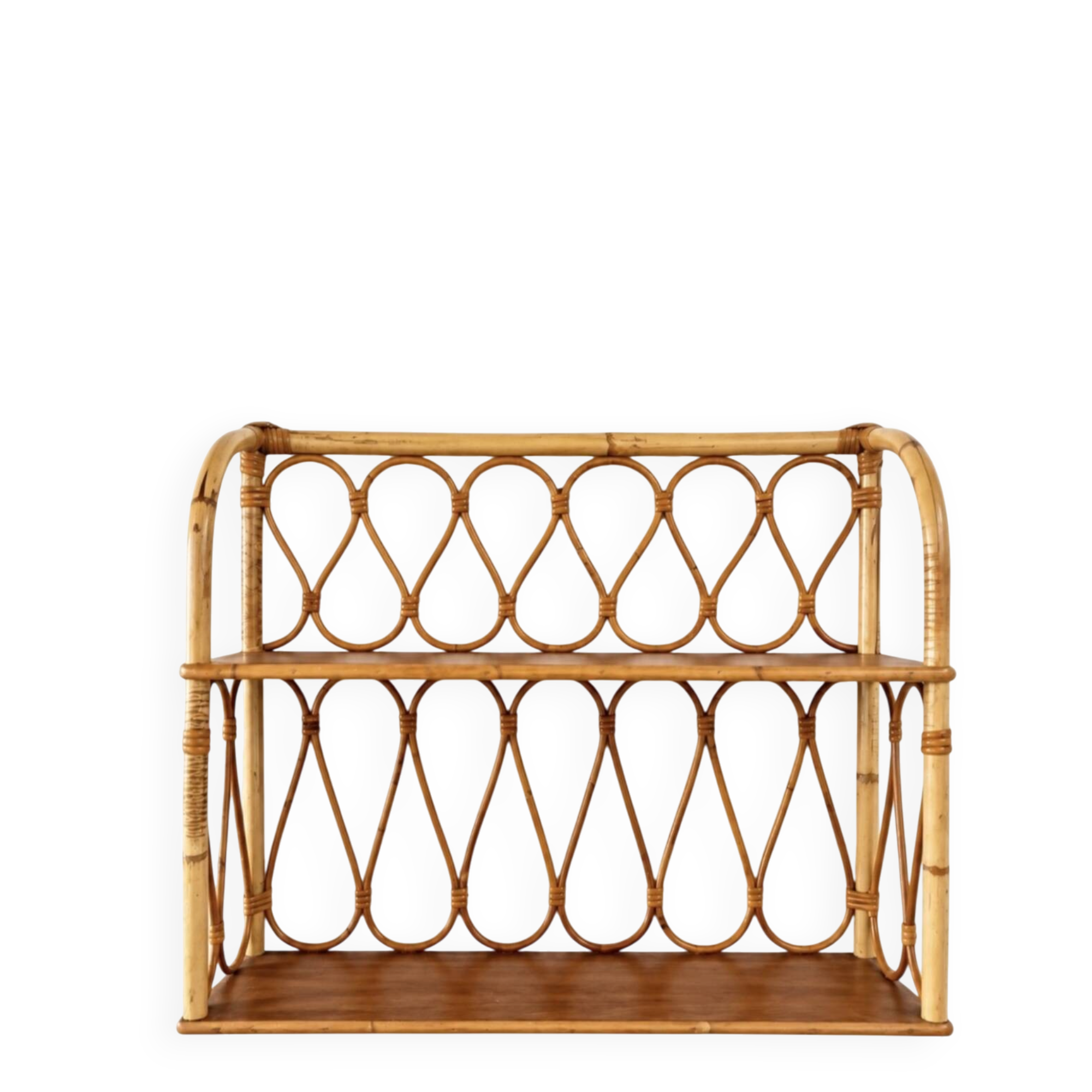 Wall shelf in rattan and wood veneer – 1950s/60s