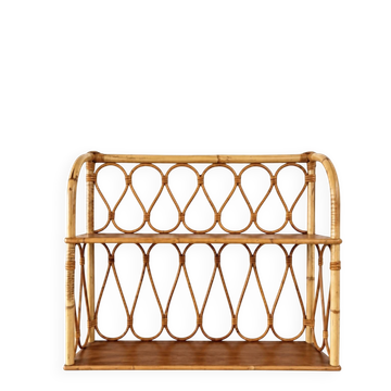 Étagère murale en rotin et placage bois – années 50/60