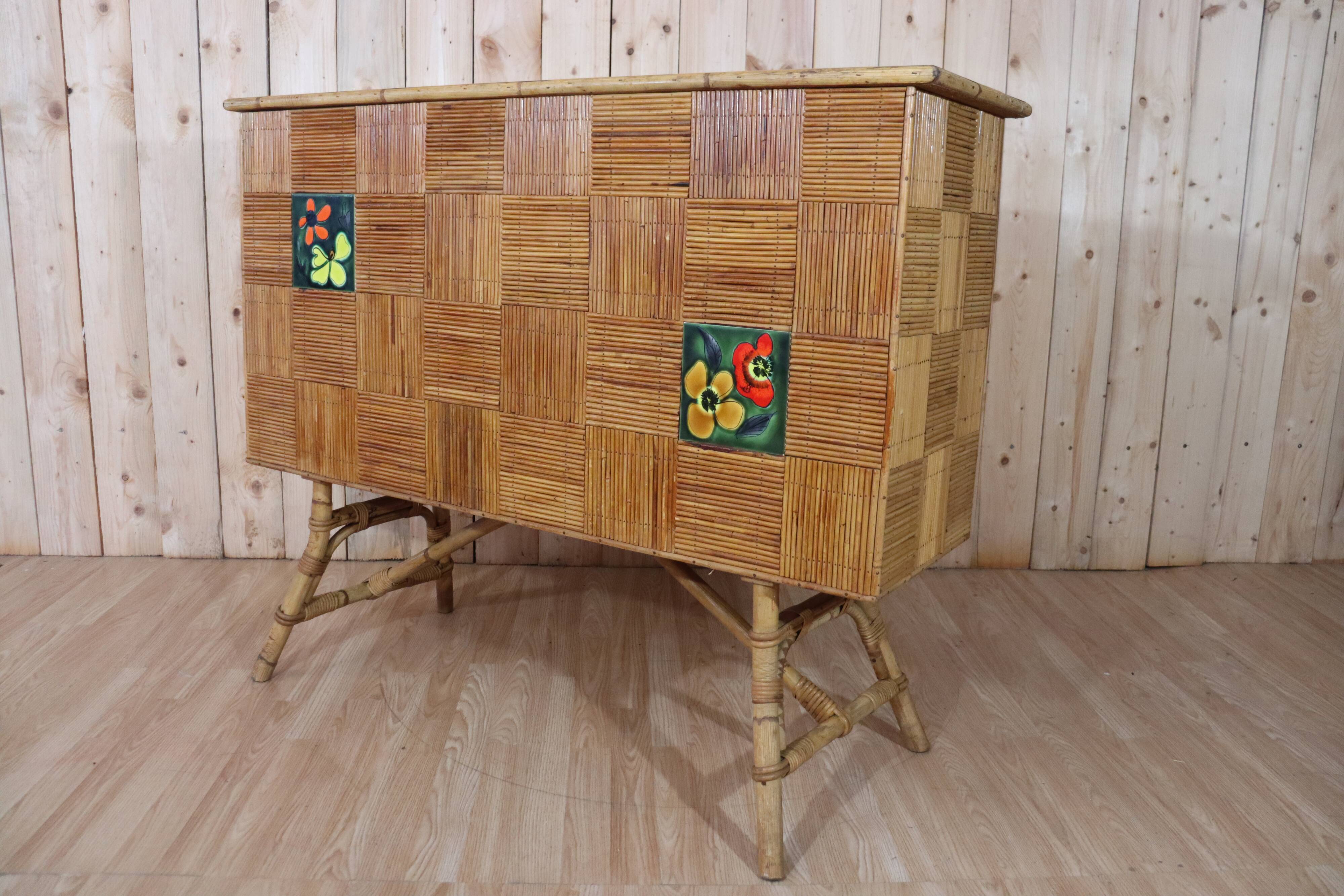 Rattan & ceramic bar attributed to Audoux Minet