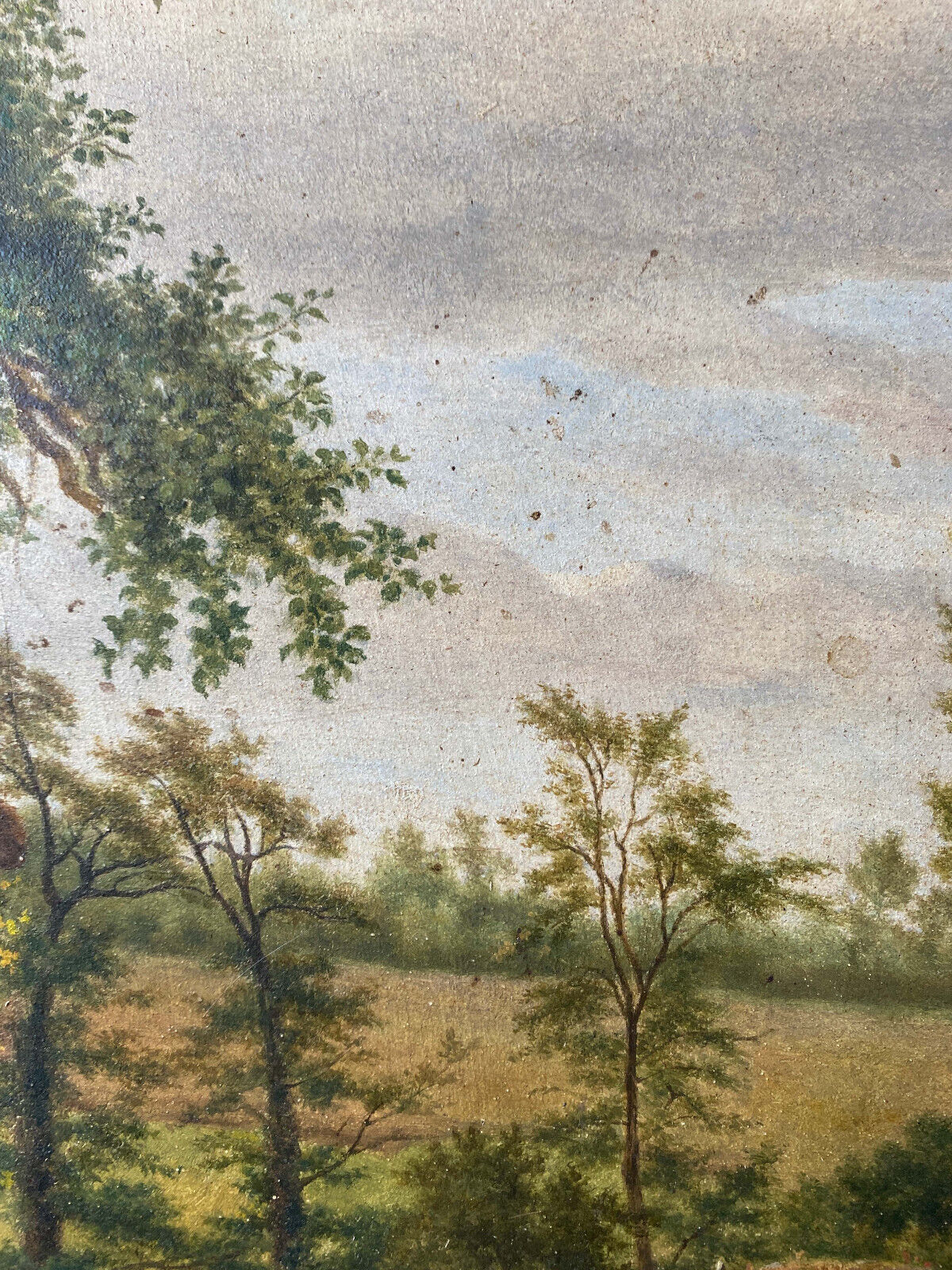 Table XIX° century, farm with thatched roof in the woods", signed Delattre