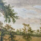 Table XIX° century, farm with thatched roof in the woods", signed Delattre