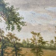 Table XIX° century, farm with thatched roof in the woods", signed Delattre