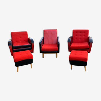 3 fauteuils avec poufs, années 1960