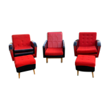 3 fauteuils avec poufs, années 1960
