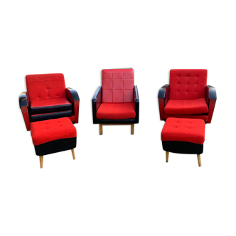 3 fauteuils avec poufs, années 1960