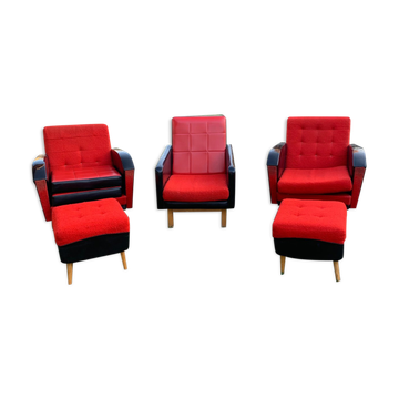 3 fauteuils avec poufs, années 1960