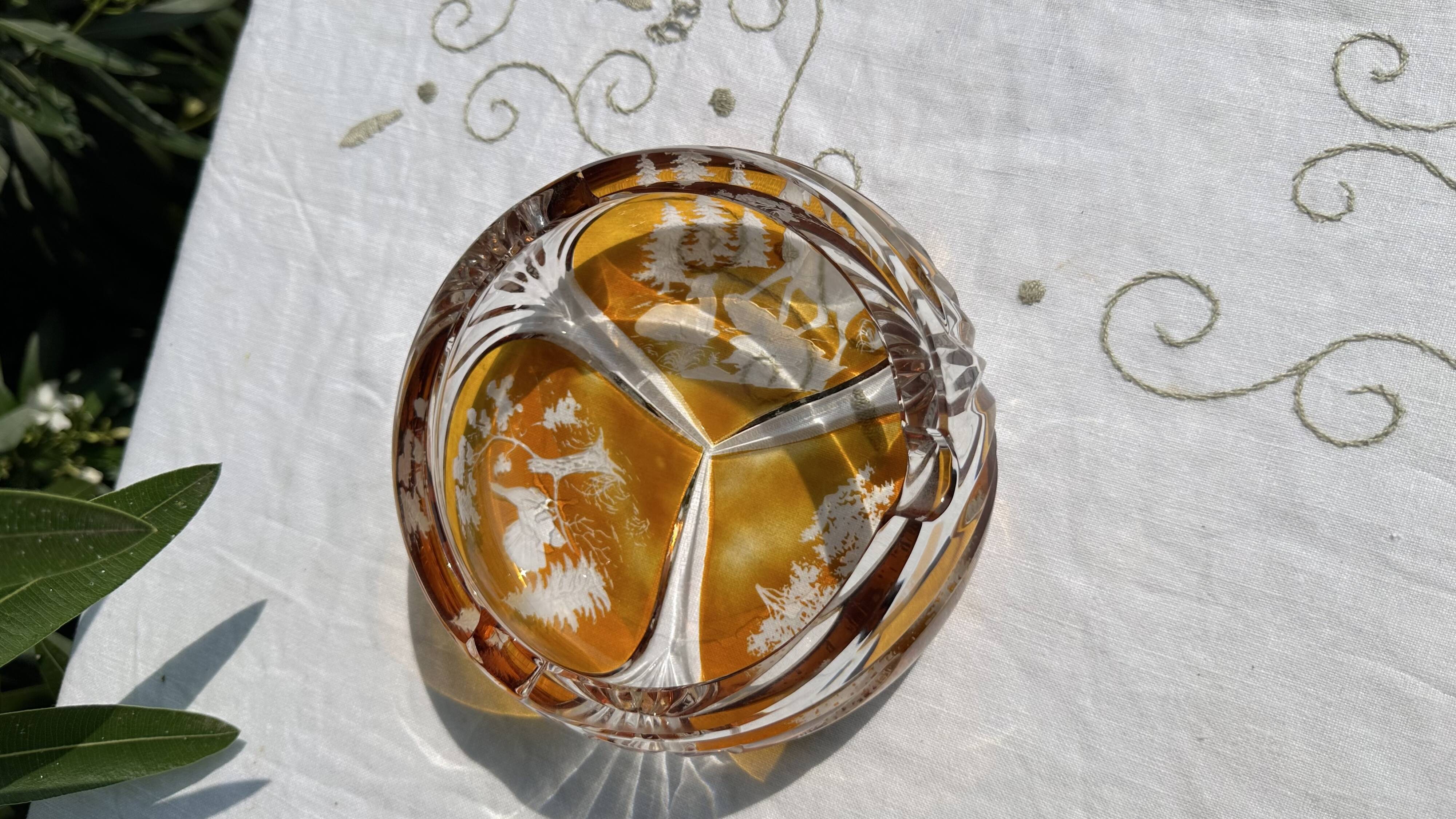 Magnificent Vintage Bohemian Ashtray in Cut Crystal of Yellow Orange