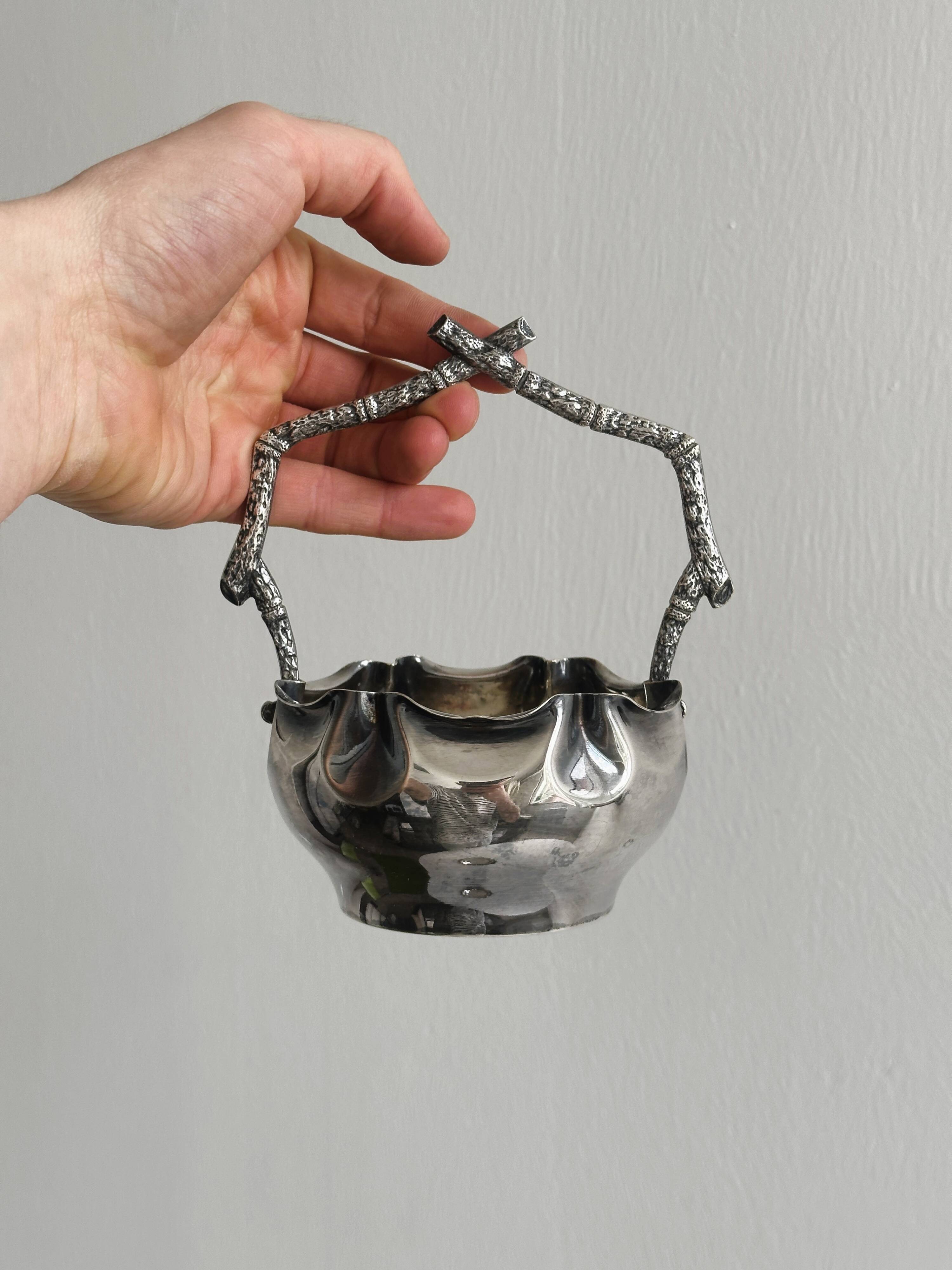 Antique sugar bowl or small sauce boat in patinated silver metal
