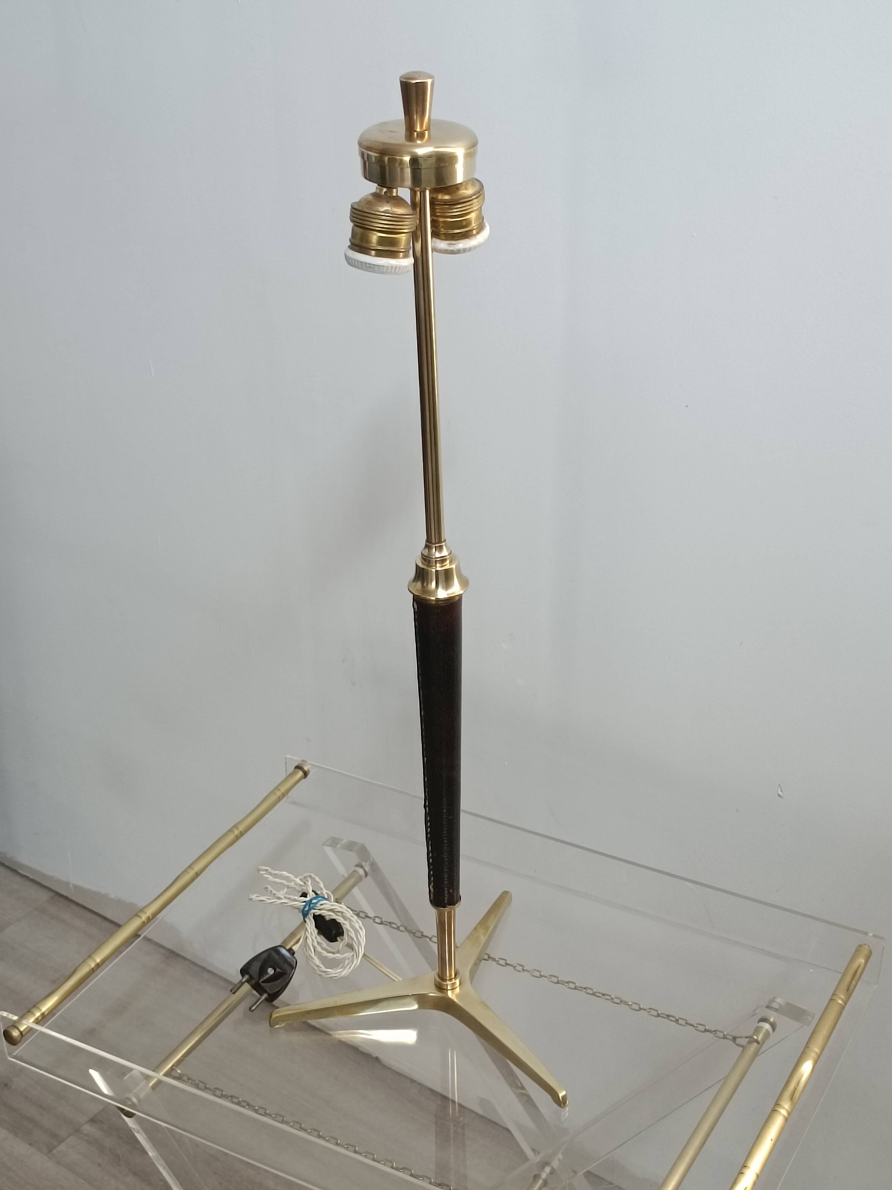 Leather-covered brass table lamp by Jacques Adnet 1950s