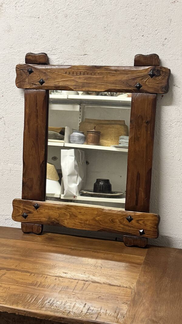Miroir brutaliste vintage en bois massif