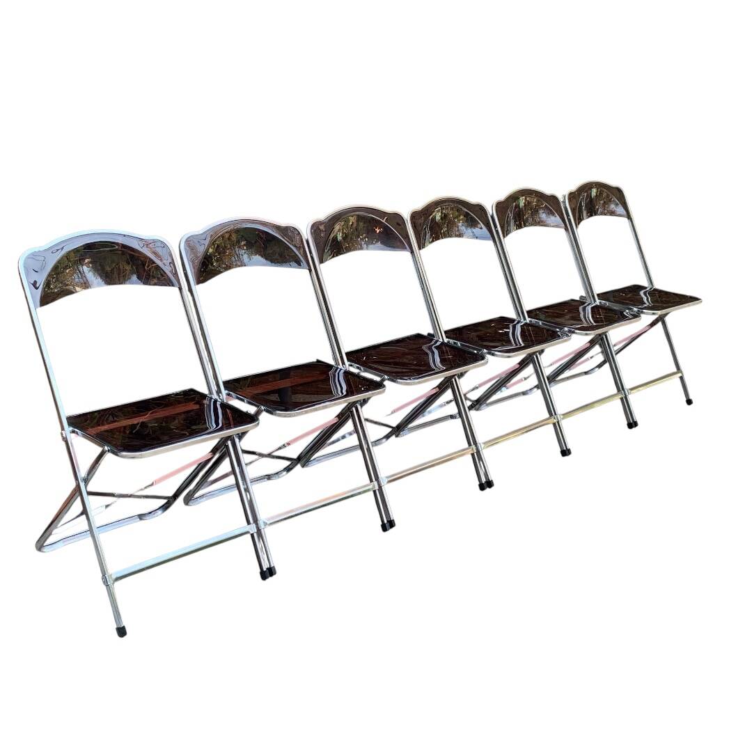 6 chaises pliantes en Plexiglas fumé et métal chrome Chaisor 1970