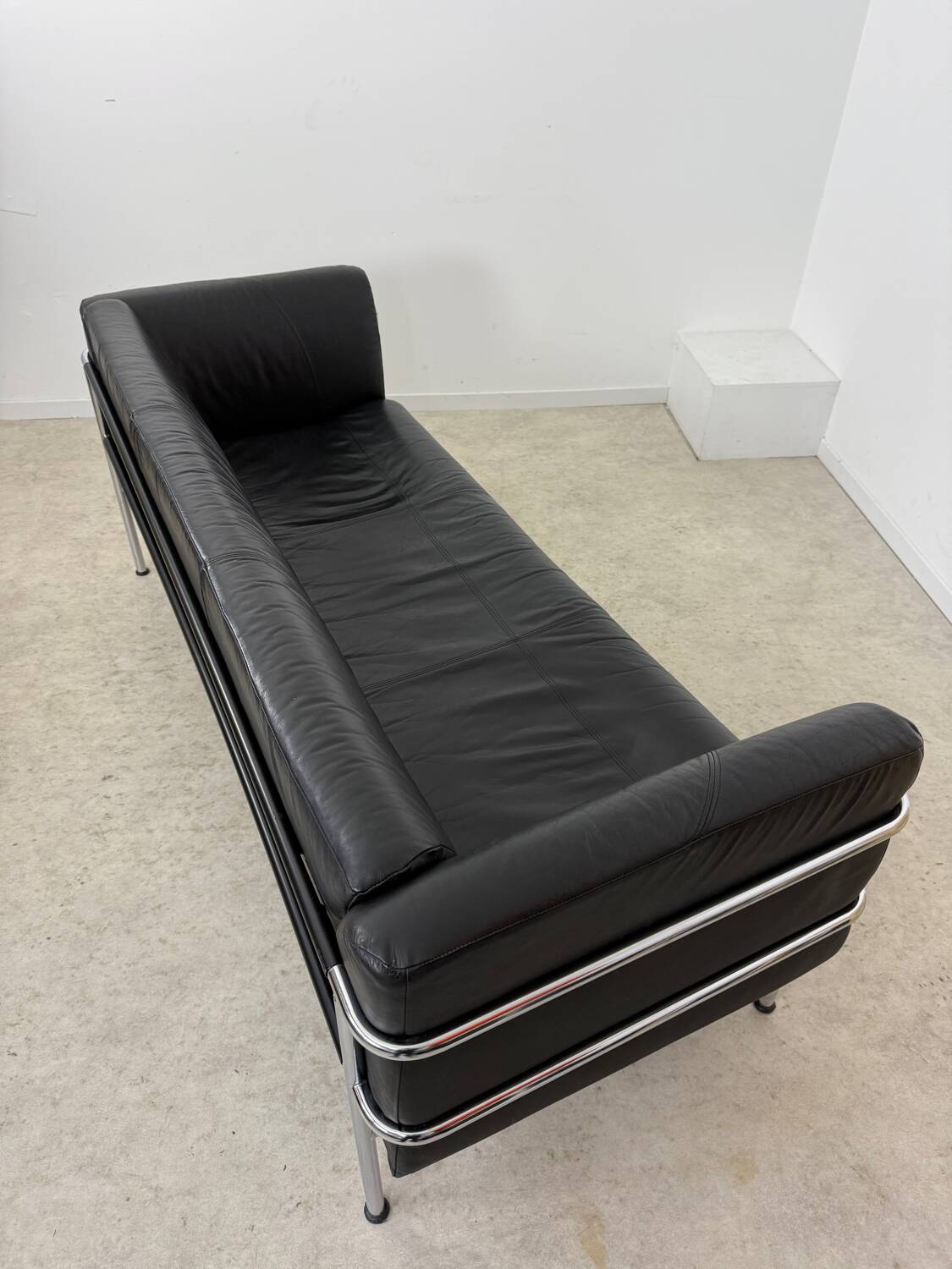 Old 3-seater sofa in tubular and black leather by Kébé, Denmark 1970s