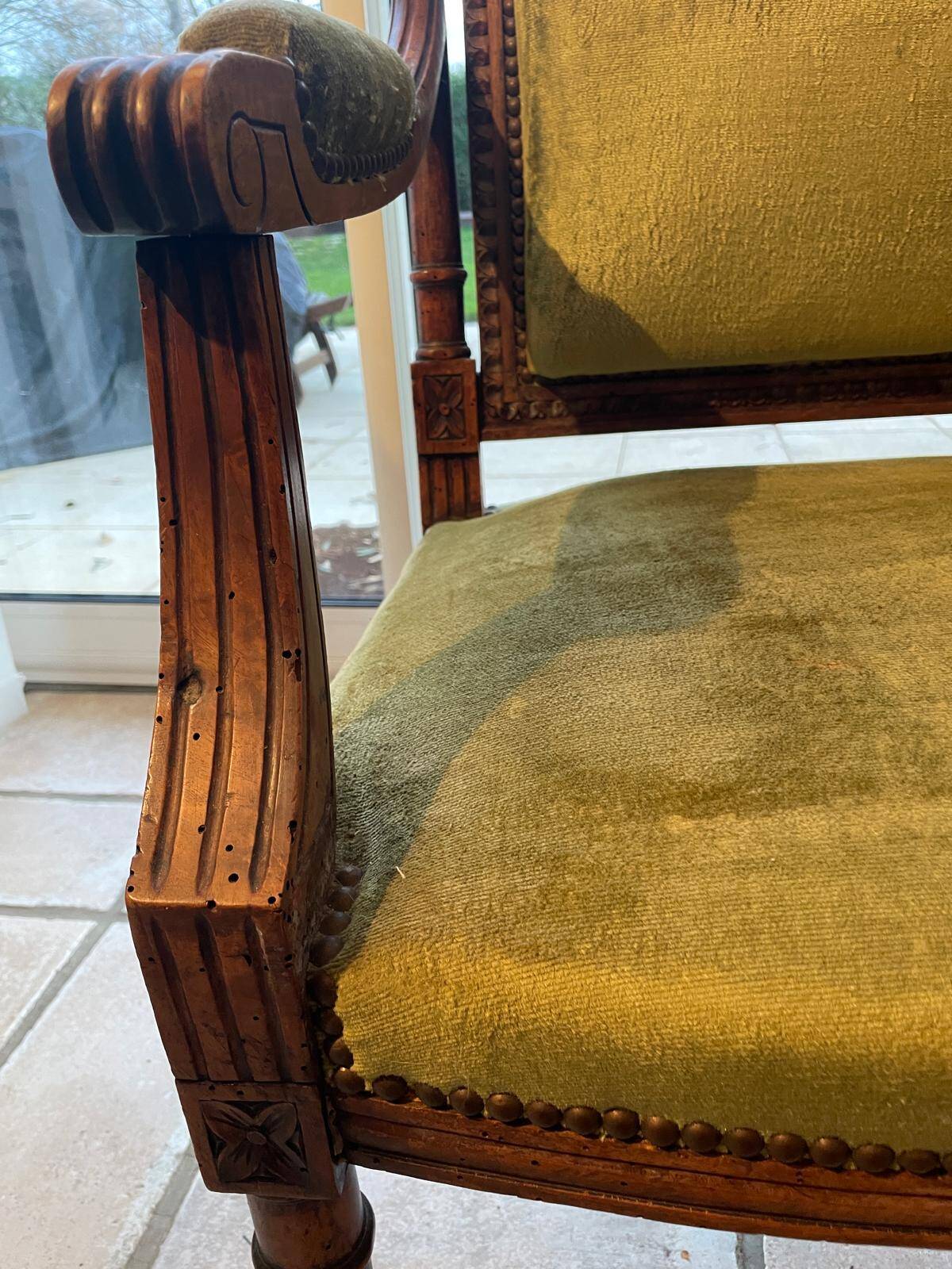 Antique Louis XVI style armchair – carved wood – green velvet – to be restored