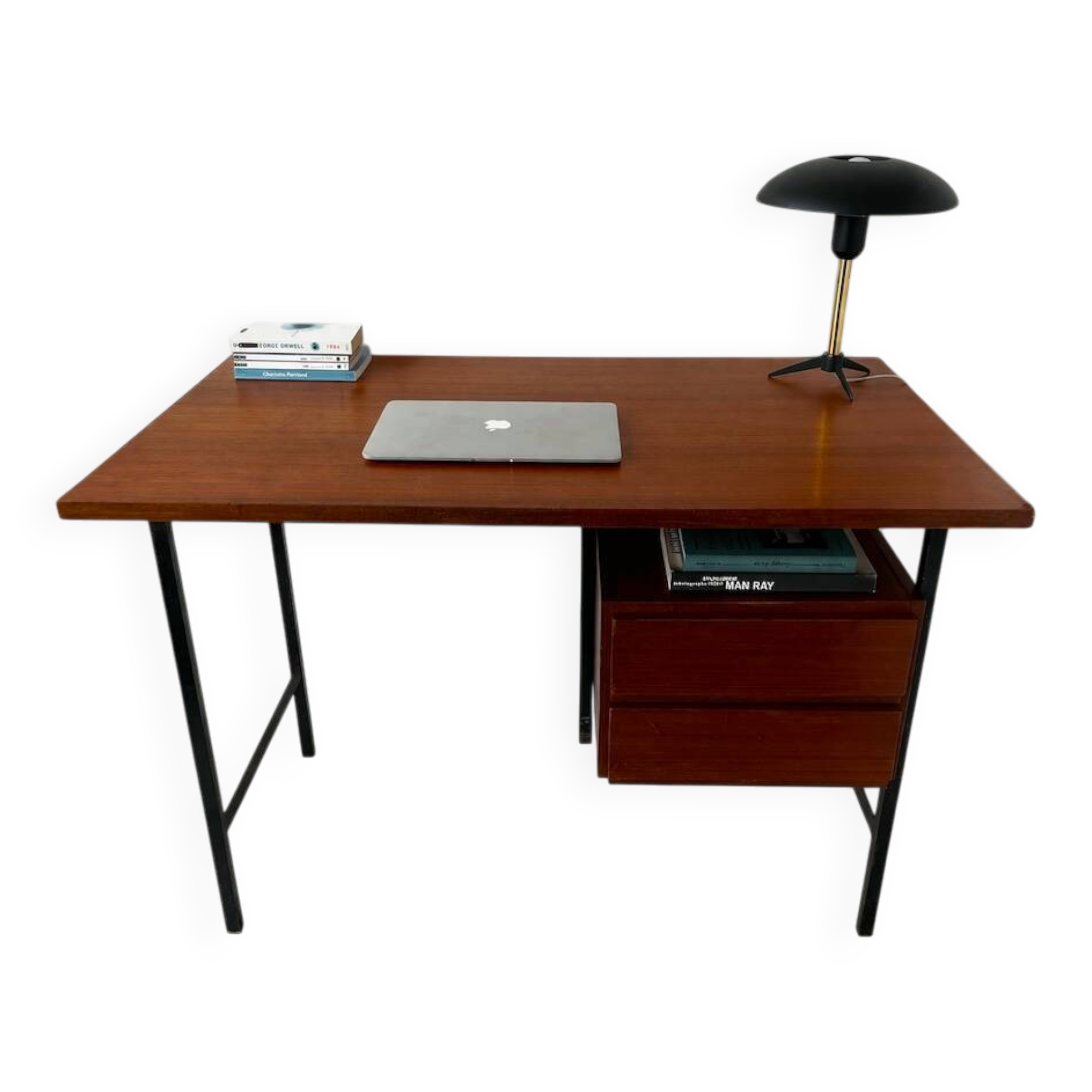 Vintage wooden and metal desk in modernist style.