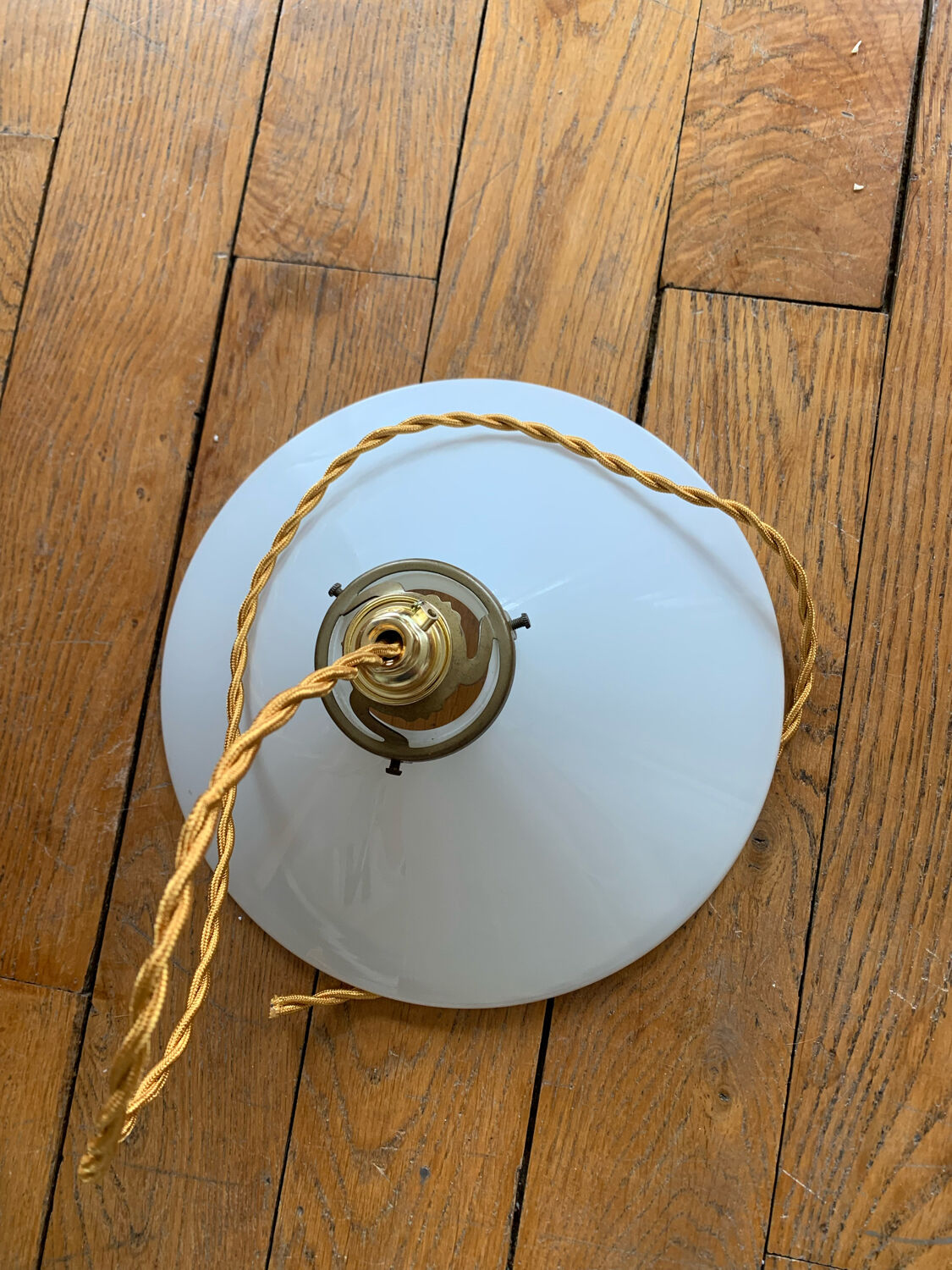 Old vintage suspension lamp in white opaline