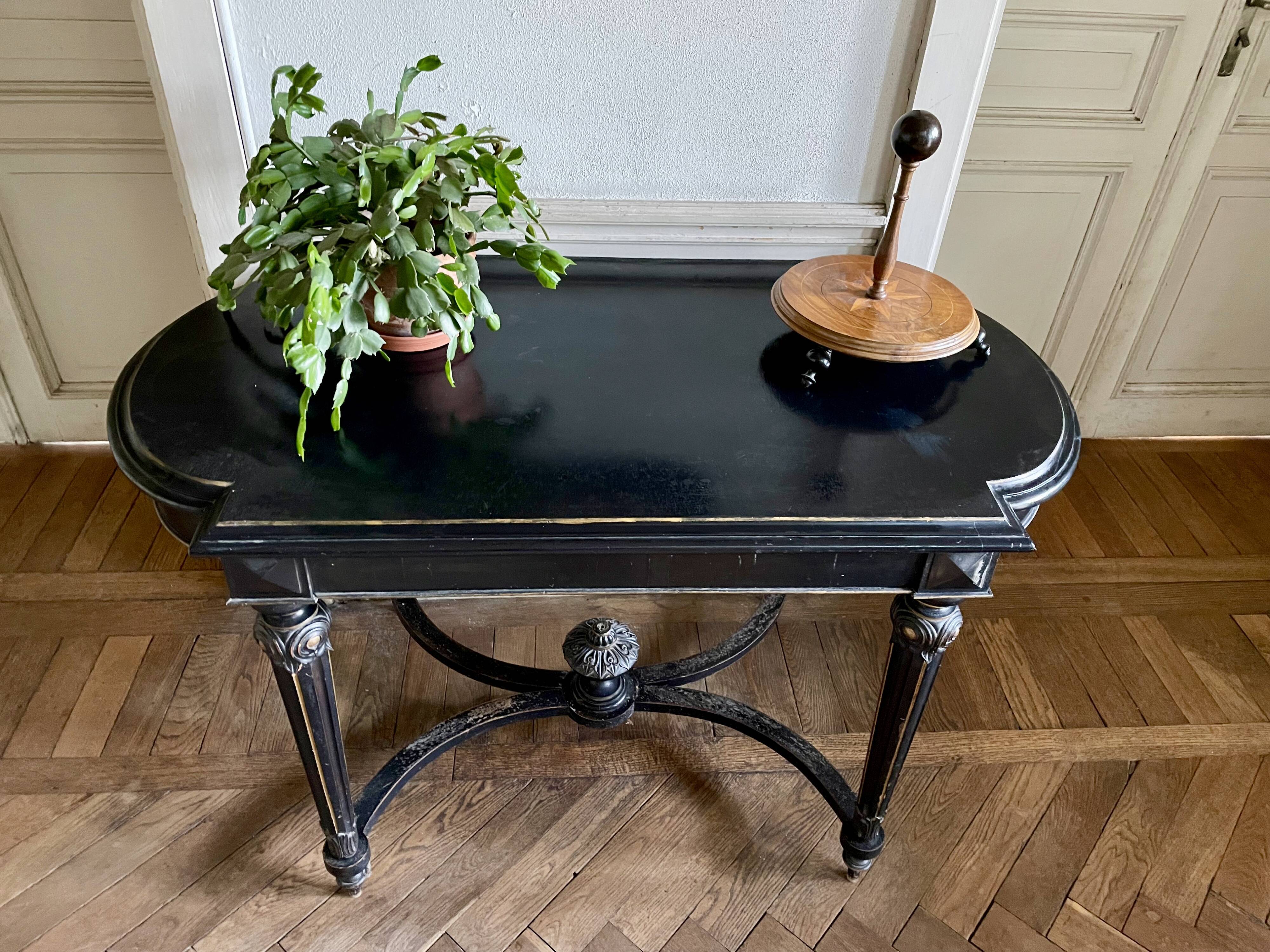 Table Pedestal table Napoleon III XIXth in black and gilded wood