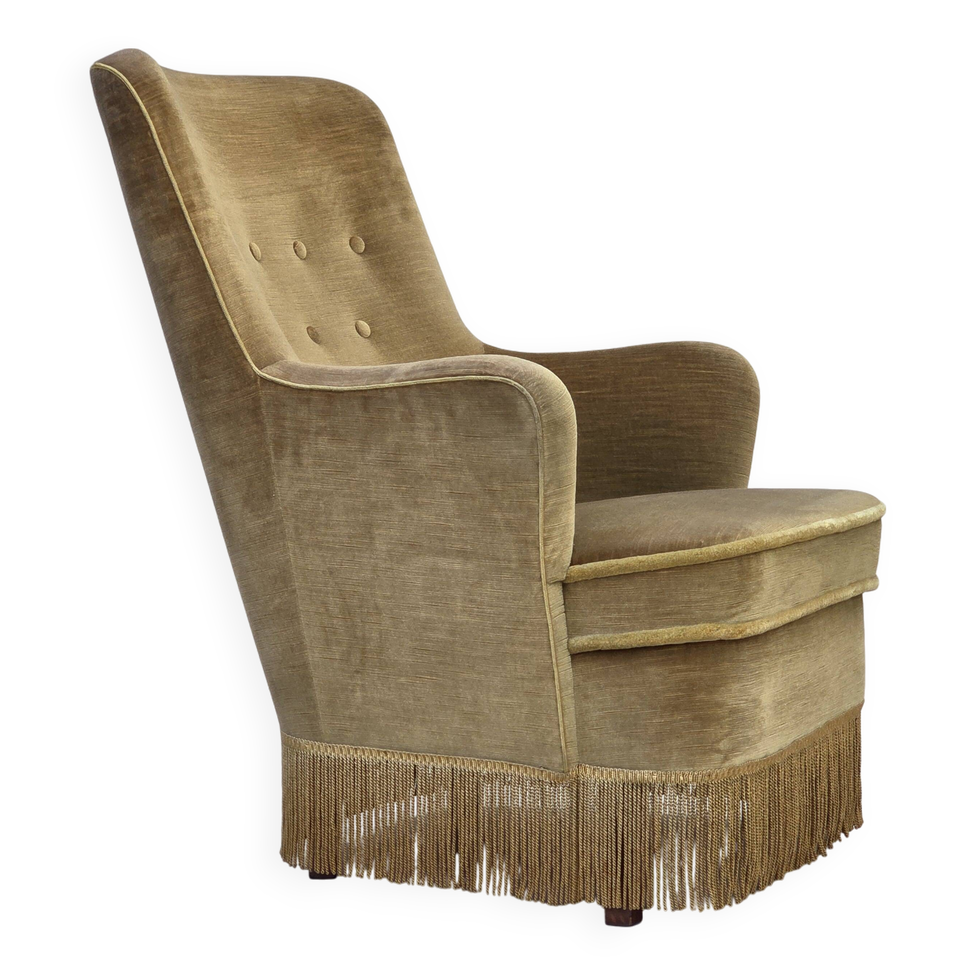 1970s, Danish highback back armchair, light green furniture velour.