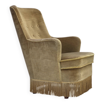 1970s, Danish highback back armchair, light green furniture velour.
