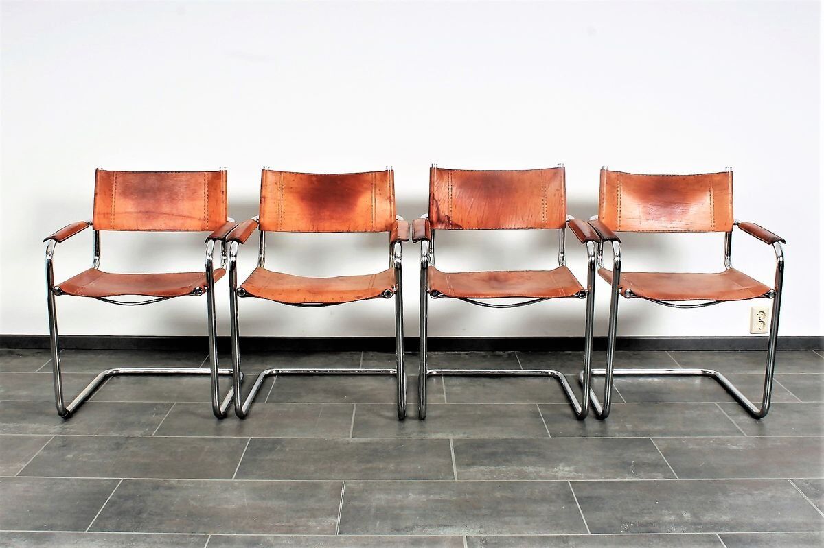 Set of 4 S34 style dining chairs in vintage cognac saddle leather by Mart Stam - Marcel Breuer