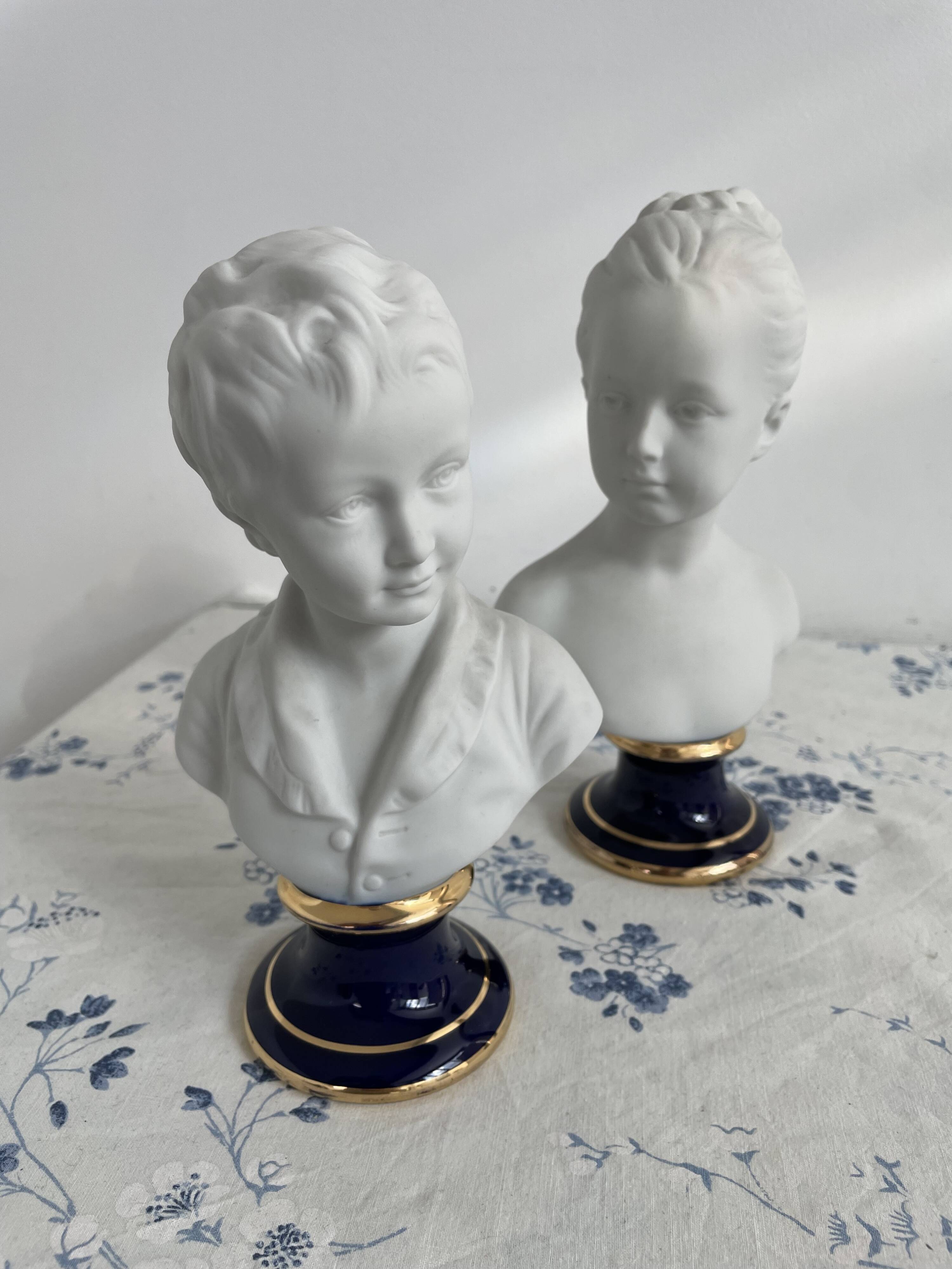 Pair of biscuit busts, Tharaud, Houdon, Louise and Alexandre Brongniart
